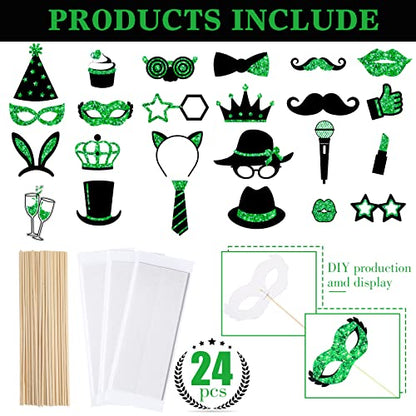 Zonon 24 Pcs Funny Photo Booth Props Class of 2026 Graduation Birthday Wedding Family Class Reunion Prom Disco Party Celebration Decoration Supplies Mix of Hats, Lipstick, Tie(Green and Black) - color: Green and Black