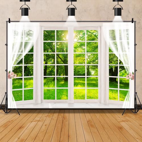 Laeacco 20x10ft Spring Window Scenery Backdrop White Windowsill Green Forest Grass Sunshine Natural Landscape Photography Background Newborn Baby Kids Family Portrait Banner Photoshoot Booth Props - size: 20x10ft