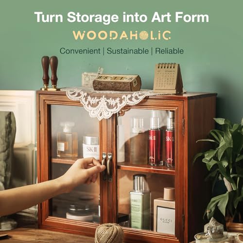 Cosmetics Display Cabinet with Clear Doors - 2-Level Wooden Tabletop Shelf Storage for Makeup, Perfumes, Skincare - Mahogany Wood Vanity Shelf Display Case - Mini Kitchen Cupboard