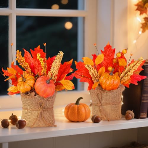 2 Styles Thanksgiving Decorations - 2 Pack 10 Inch Fall Decorations Tabletop Fall Tree Thanksgiving Table Centerpieces Maple Tree with Pumpkin Leafed Berry Wheat Thanksgivings Centerpieces for Tables