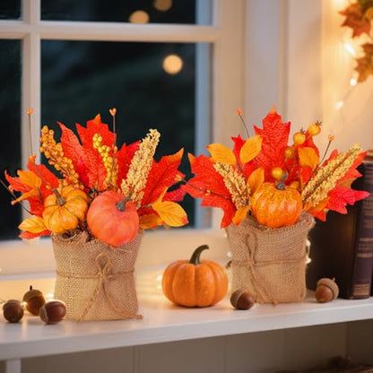 2 Styles Thanksgiving Decorations - 2 Pack 10 Inch Fall Decorations Tabletop Fall Tree Thanksgiving Table Centerpieces Maple Tree with Pumpkin Leafed Berry Wheat Thanksgivings Centerpieces for Tables