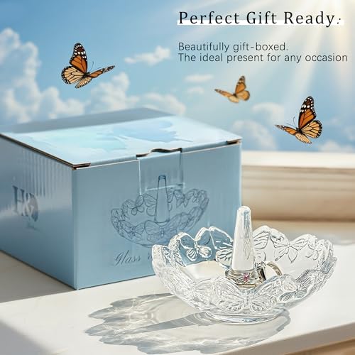 H&D HYALINE & DORA Clear Crystal Ring Holder with Butterfly Pattern, Engagement Glass Ring Dish Jewelry Holder for Rings Earrings Necklace Organizer - color: Clear，Butterfly