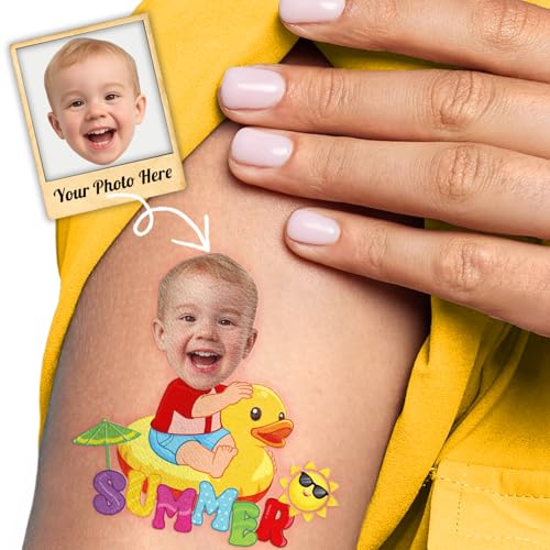 Custom Summer Temporary Tattoos for Kids - Personalized Pre-Cut Face Photo Tattoos - Fun Birthday Party Favors for Boys Girls, Summer Vacation - Set of 20 Unique Celebration Gifts - color: Multicolor
