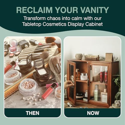 Cosmetics Display Cabinet with Clear Doors - 2-Level Wooden Tabletop Shelf Storage for Makeup, Perfumes, Skincare - Mahogany Wood Vanity Shelf Display Case - Mini Kitchen Cupboard