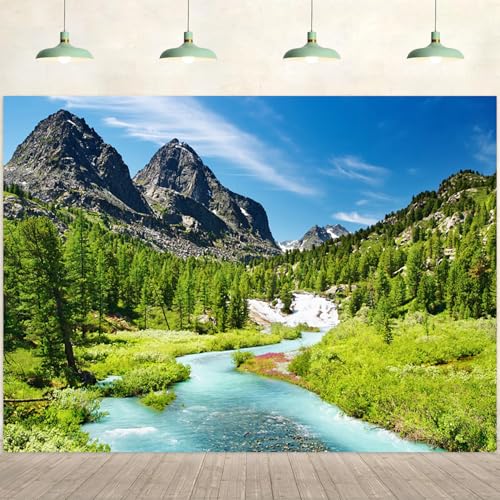 5x3ft Mountain Backdrop Nature Mountain Landscape Pine Trees Forest Blue River Sky Photography Background Camping Picnic Themed Party Decorations Wallpaper Portraits Photo Studio Props - color: Mountain-2, size: 5x3ft