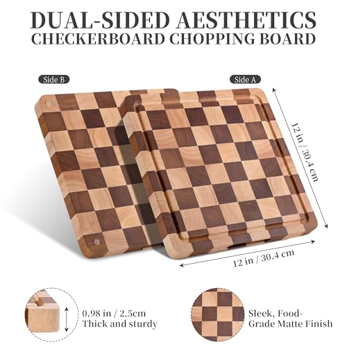 WILLKOMMEN Checkered Cutting Board for Kitchen– Wood Checkerboard End Grain Chopping Board 1" Thick Wooden Butcher Block with Juice Groove & Handle, Reversible for Cooking and Serving (Square) - style: Square Checkerboard-1 pack