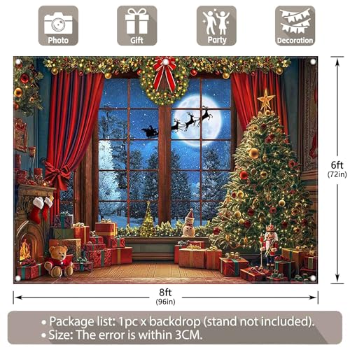Fabric 8x6ft Christmas Window Photography Backdrop Winter Merry Xmas Tree Background Night Snow Party Decoration Holiday Photo Banner Props - size: 8'x6'