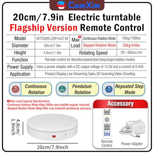 7.9In Remote Motorized Electric Turntable Rotating Display Stand Spinning Rotating Platform 360 Photography Turntable lazy susan base giratoria para for Photography,Display(Load Range:40~100lbs) - size: 7.9inch/White/100Lbs Load