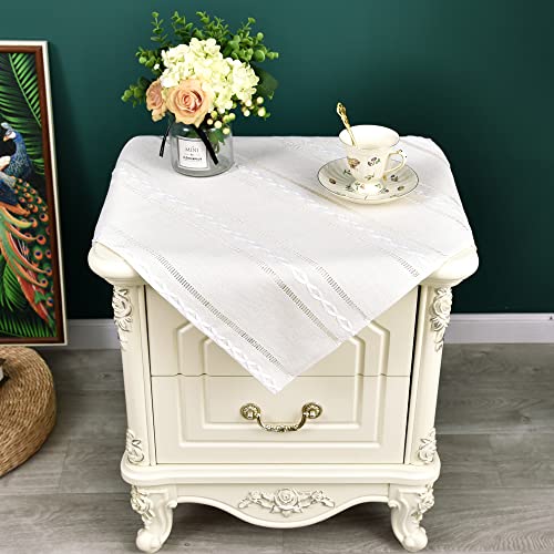 NEWISHER Rustic Farmhouse Embroidered Small Square Tablecloth Jacquard Striped Table Cloth Linen Texture Washable Side Table Cover Kitchen Dining Home Decoration 24x24 inch - color: Off White, size: 24" x 24" (Square)