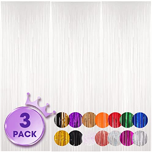 Voircoloria 3 Pack 3.3x8.2 Feet White Foil Fringe Backdrop Curtains, Tinsel Streamers Birthday Party Decorations, Fringe Backdrop for Graduation, Baby Shower, Gender Reveal, Disco Party - color: 17 White