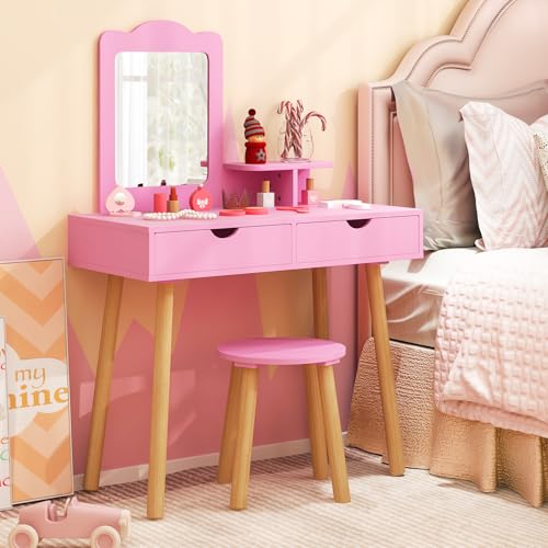 Costzon Kids Vanity Set, Girls Vanity Set with Mirror and Stool, 2 Large Drawers, Storage Shelf, Wooden Princess Makeup Dressing Table, Vanity Table and Chair Set for Toddlers (Pink) - style: Pink with Square Mirror