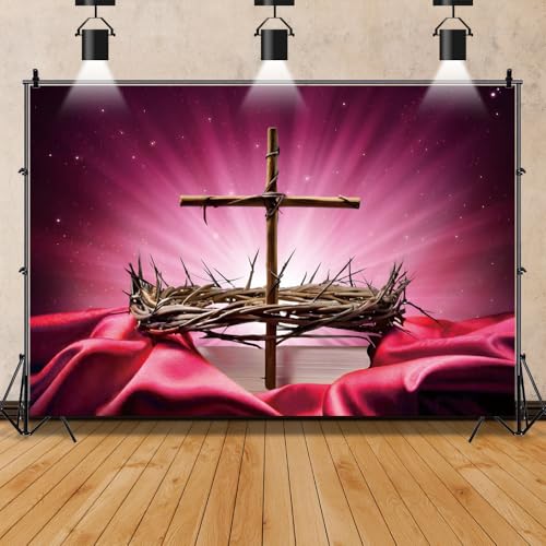 Generic 7x5ft Church Backdrop: Red Cross Crucifixion of Jesus, Crown of Thorns, First Communion, Easter, Christian Event Decoration - color: Red