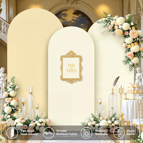 Wedding Arch Backdrop Cover Set of 3, Ivory and Champagne Double Color Arch Stand Covers, 6FT, 5FT, 4FT Spandex Fitted Arch Covers for Wedding Baby Shower Banquet Photography Background Decoration - color: Ivory+Champagne, size: 6FT,5FT,4FT