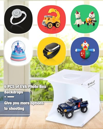 Mini Photo Studio Box, PULUZ 20cm Portable Photography Shooting Light Tent Kit, White Folding Lighting Softbox with 20 LED Lights + 6 Backdrops for Product Display - size: 9*9 Inch - B
