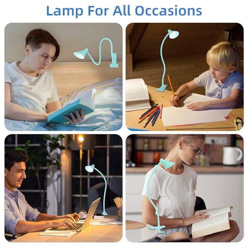 LiFMIRA Reading Light for Bed, Clip-on Desk Lamp with Flexible Neck, 3 Color Modes & 10 Dimmable Brightness, Teal - color: Teal