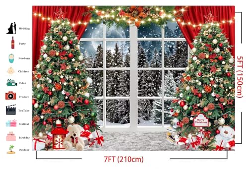 7x5ft Christmas Window Photography Backdrop Winter Merry Xmas Tree Background Night Snow Party Decoration Holiday Photo Banner Props - size: 7x5ft