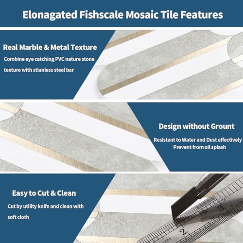 OYAISIMI 10 Sheets Seamless Peel and Stick Backsplash Tile for Kitchen,White and Gray Stone PVC Mixed Light Gold Self Adhesive Fish Scale Metal Mosaic Tiles - color: Gray Stone+Pure White+Light Gold