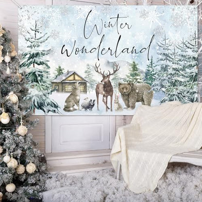 Mocsicka Winter Wonderland Backdrop Banner Woodland Animals Winter Wonderland Baby Shower Birthday Holiday Party Decorations Photo Booth Props (6x3.6ft) - size: 6x3.6ft