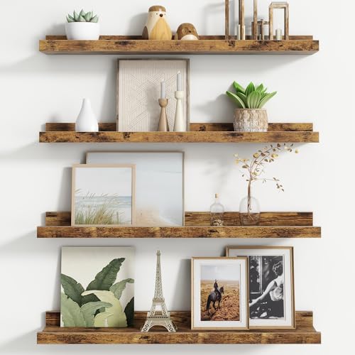 FLYJOE Floating Picture Ledge Shelves for Wall Set of 4, 24 Inch Wall Shelves with Lip Long Large Nursery Book Shelf for Toys Storage Kids Bookshelf Wall Mounted Living Room Bedroom Decor Frames - color: Brown, size: 24'', Set of 4