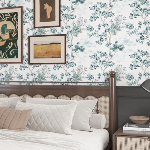 Extra Long Olive Tree Peel and Stick Wallpaper, 17.5In x 393In Mediterranean Style Leaves Removable Wallpaper Self-Adhesive for Bathroom Cabinet Stair, Watercolor Contact Paper Wall Art Decor - color: White/Teal, size: 17.5" x 393"
