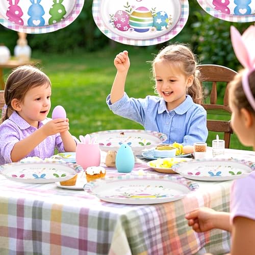 50 Pcs Easter Oval Paper Plates 10" x 12" Large Easter Bunny Egg Plates Heavy Duty Disposable Easter Rabbit Dinner Plates Colorful Plaid Platters for Spring Holiday Baby Shower Birthday Party Supplies - style: 50Pcs Easter Bunny Egg Oval Plates