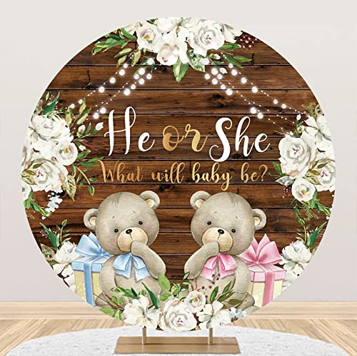 Yeele 7x7ft Bear Gender Reveal Round Backdrop He or She What Will Baby Be White Floral Rustic Wooden Photography Background for Pregnancy Reveal Baby Shower Party Decoration Banner Photo Props