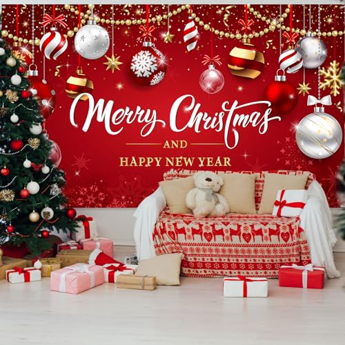Irenare Christmas Backdrop Merry Christmas Banner Party Decoration Xmas Photography Background Photo Props for Winter Holiday New Year Eve Family Party Decoration Supplies(Ball) - style: Ball