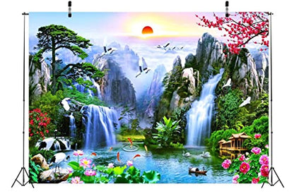 BELECO 5x3ft Fabric Fairyland Mountain Lake Photography Backdrop Waterfalls Swans Fish Flowers Dreamy Natural Landscape Painting Background Wall Murals Home Decor Kids Adults Portrait Photoshoot - size: 5x3FT