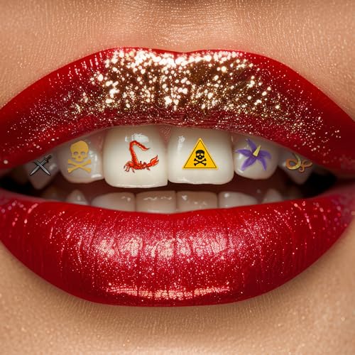 Halloween Tooth Bling Tattoo – Temporary Tooth Gem Kit for Teeth – Safe for Teens & Adults, Removable Fun Fake Tooth Tattoo Stickers for Halloween Costume, Party & Cosplay (Risky) - color: Risky