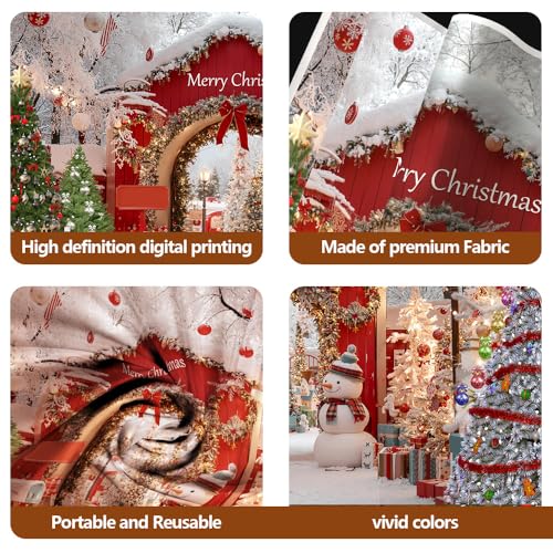 Christmas Photography Backdrop - Merry Christmas Banner, Snowy Winter Wonderland, Christmas Trees, Red Archway, Snowman - Xmas Party Decoration Photo Booth Prop Background Cloth (5x3 FT)