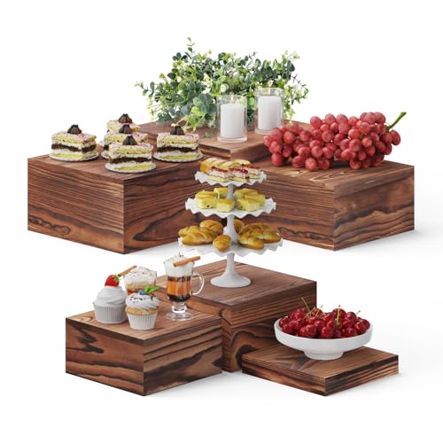 6 PCS Wooden Buffet Risers, Wood Display Risers for Food, Wooden Square Risers Display Stands, Food Risers for Buffet Table (10", 9" , 8", 7", 6", 5") with 67" Faux Greenery Vine