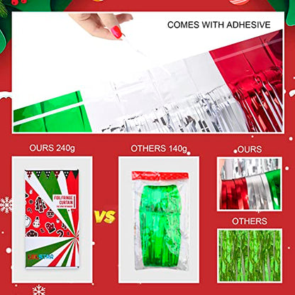 LOLStar 5 Pack Christmas Foil Fringe Curtains Decoration 3.3 X 6.6 ft Red Silver Green Tinsel Fringe Photo Backdrop Streamer for New Year, Ugly Sweater Party - size: 5 PACK
