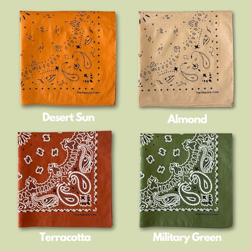 The Peacock Crew Premium Soft Cotton Bandanas Pack for Men and Women Paisley 22 x 22 inches - color: Pack of 4 Earthy Essentials