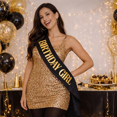Black Glitter Gold Birthday Sash – Adjustable Satin Sash for Women, Teens & Adults – Fun Party Decoration & Photo Prop for 18th, 21st, 30th, 40th, 50th Birthdays - color: Black Glitter
