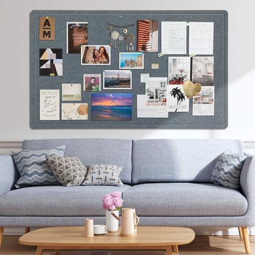 Large Felt Bulletin Board, 60 X 35 Inches Decorative Pin Board, Cork Board Alternative, Foldable Photo Felt Board with Self-Adhesive Tape and 36 PushPins - Grey