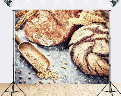 Trykid 9x6ft Artisan Bread Wheat Grain Backdrop Wooden Scoop Rustic Kitchen Scene Photography Background Food Festival Event Decoration Tapestry Photo Booth Prop Fabric - size: 9x6ft