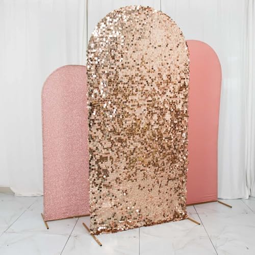 Efavormart Set of 3 Blush Rose Gold Chiara Arch Backdrop Covers (7ft/6ft/5ft), Round Top Snug Fit, Double-Sided Big Sequin, Tinsel & Spandex Mixed Texture for Wedding, Baby Shower, Events - color: Blue/Rose Gold