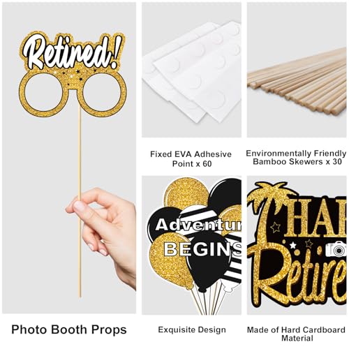 Kuxriox 30Pcs Happy Retirement Party Decorations for Men Women, Black Gold Retirement Photo Booth Props, Cheers to Retirement Party Supplies, We Will Miss You Retirement Party Sign
