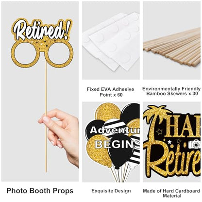 Kuxriox 30Pcs Happy Retirement Party Decorations for Men Women, Black Gold Retirement Photo Booth Props, Cheers to Retirement Party Supplies, We Will Miss You Retirement Party Sign