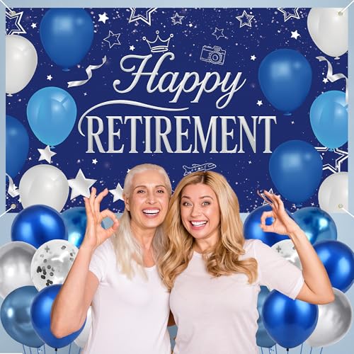 Holkcog Blue Retirement Party Decorations for Women, Silver Blue Happy Retired Banner Backdrop Paper Fan Hanging Swirls for Coworker, I'm Retired Cake Top & Honeycomb Set, Great for Retiring Women - style: Blue
