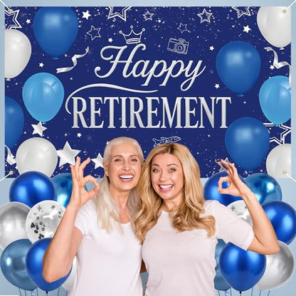 Holkcog Blue Retirement Party Decorations for Women, Silver Blue Happy Retired Banner Backdrop Paper Fan Hanging Swirls for Coworker, I'm Retired Cake Top & Honeycomb Set, Great for Retiring Women - style: Blue