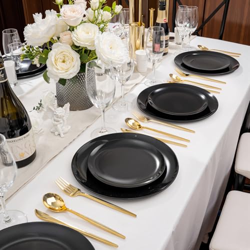 PULOTE 60 PCS Black Plastic Plates - Include 30 Dinner and 30 Dessert Plates, Black Disposable for Party,Birthday & Graduation - color: Black, size: 60 PCS