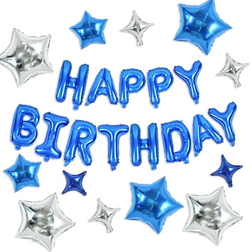 TONIFUL 35PCS Blue Happy Birthday Decorations 16 Inch Happy Birthday Balloon Banner with Star Balloons Mylar Foil Birthday Party Decorations Supplies for Men Women Adults Girls Boys Kids - color: Blue Set