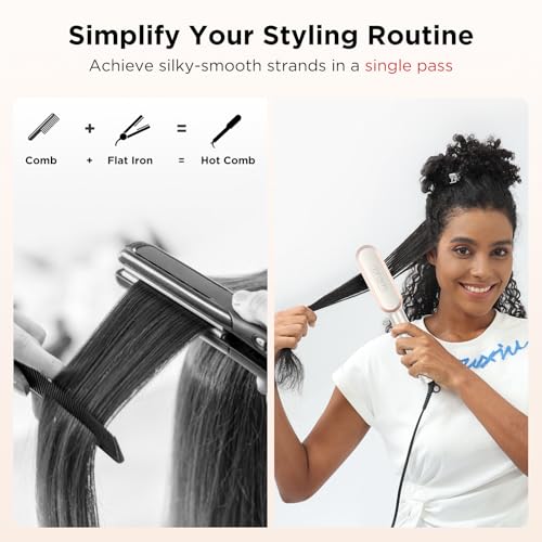 Prizm Hair Straightener Brush, 20s Fast Heating, Negative Ions Hair Straightening Comb with Less Frizz, 4 Temp Settings & LED Display, Anti-Scald Design for Home Salon, Dual Voltage, Champagne Silver - color: Champagne Silver