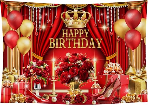 Red and Gold Birthday Backdrop for Happy Birthday Party Decorations, Luxury Red Curtains Classic Red Gold Chair King Throne Photography Background, Elegant Party Banner for Girls 7x5ft - size: 7x5ft