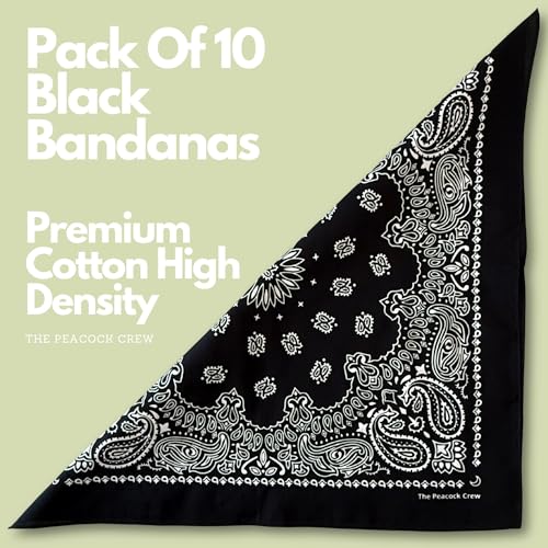 The Peacock Crew Premium Soft Cotton Bandanas Pack for Men and Women Paisley 22 x 22 inches - color: Pack of 10 Black White