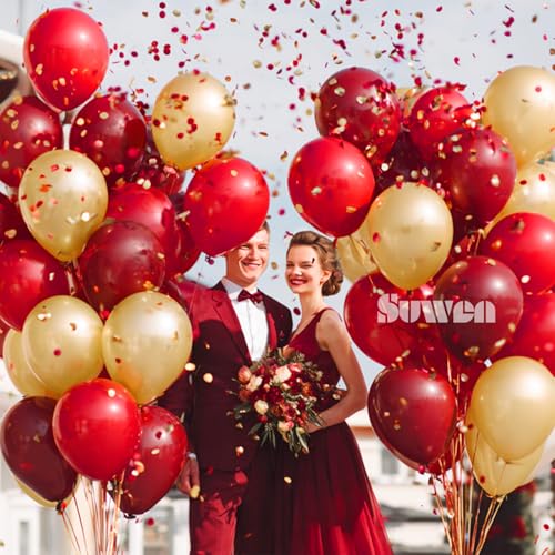 SUWEN Dark Red and Gold Balloons,60pcs 12 inch Red and Metallic Gold Balloons for Valentine's Day Wedding Birthday Engagements Anniversary Party Decorations - color: Red Gold