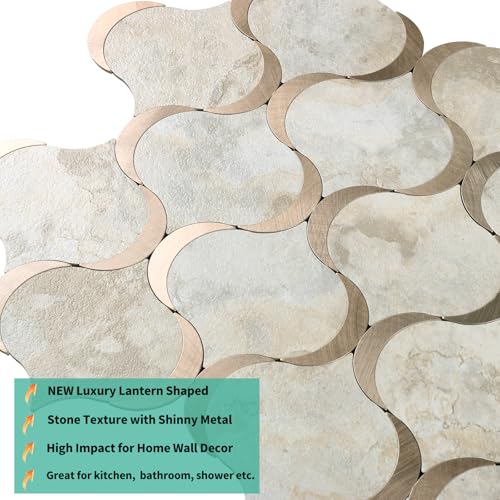 10 Sheet Arabesque Peel and Stick Backsplash Tile, Stick on Backsplash for Kitchen and Bathroom Wall, Ecru Beige Stone Look PVC Mixed Metal Aluminum - color: Ecru Beige Stone Mixed Metal Rose Gold