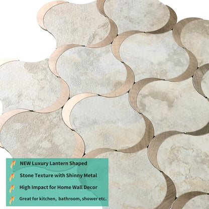 10 Sheet Arabesque Peel and Stick Backsplash Tile, Stick on Backsplash for Kitchen and Bathroom Wall, Ecru Beige Stone Look PVC Mixed Metal Aluminum - color: Ecru Beige Stone Mixed Metal Rose Gold