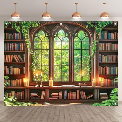 8x6ft Fabric Vintage Wooden Bookshelf Backdrop Retro Library Window Green Forest Candle Photography Background Indoor School Decorations Photo Booth Props - size: 8'x6'